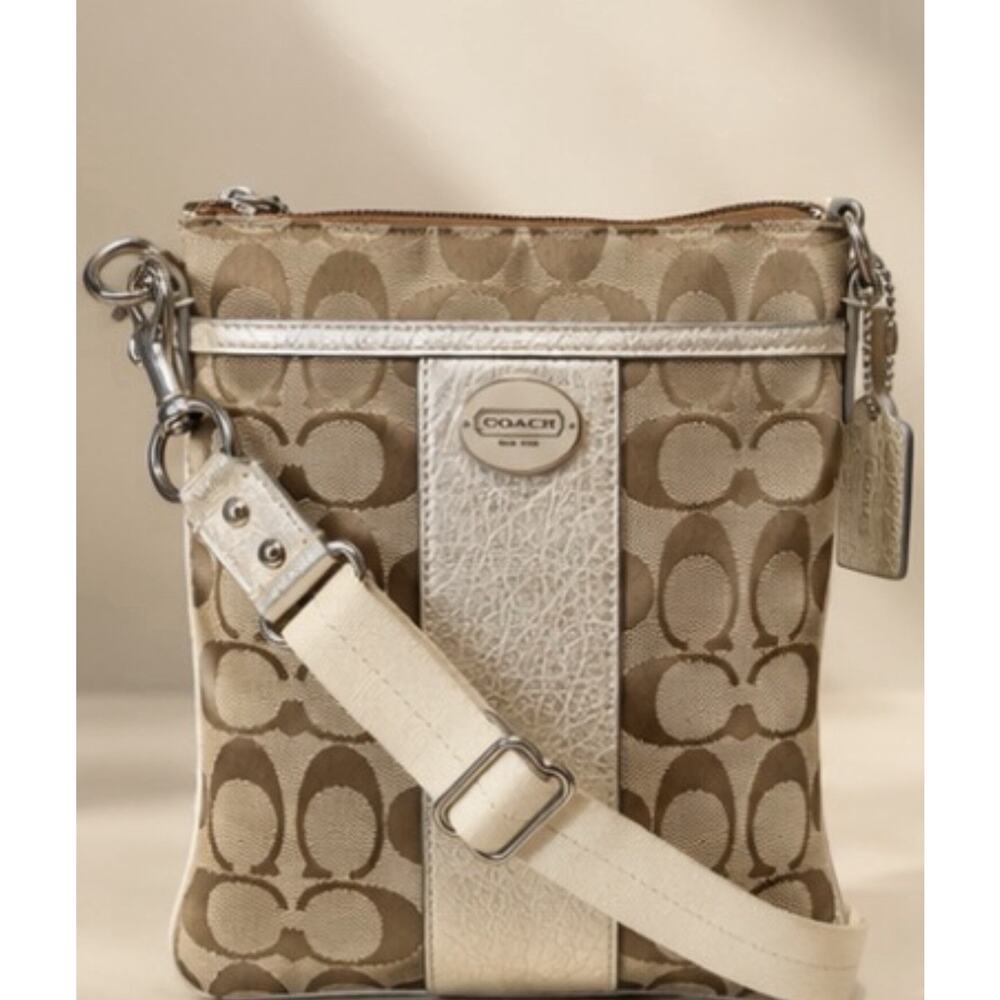 Coach Signature Stripe Swingpack Crossbody Bag Khaki Cream Jacquard